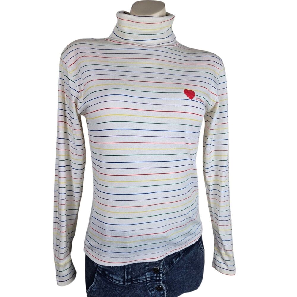 Vintage Eclipse Rainbow Striped Turtle Neck Top Sz M Long Sleeve Retro Pride